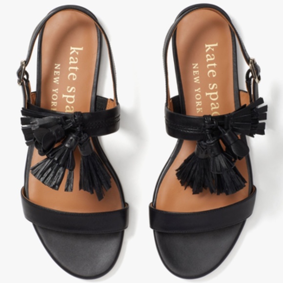 KATE SPADE NEW YORK LA DANSE Black Leather Tassel Flat Ankle Strap Sandals 6.5 - Picture 9 of 16